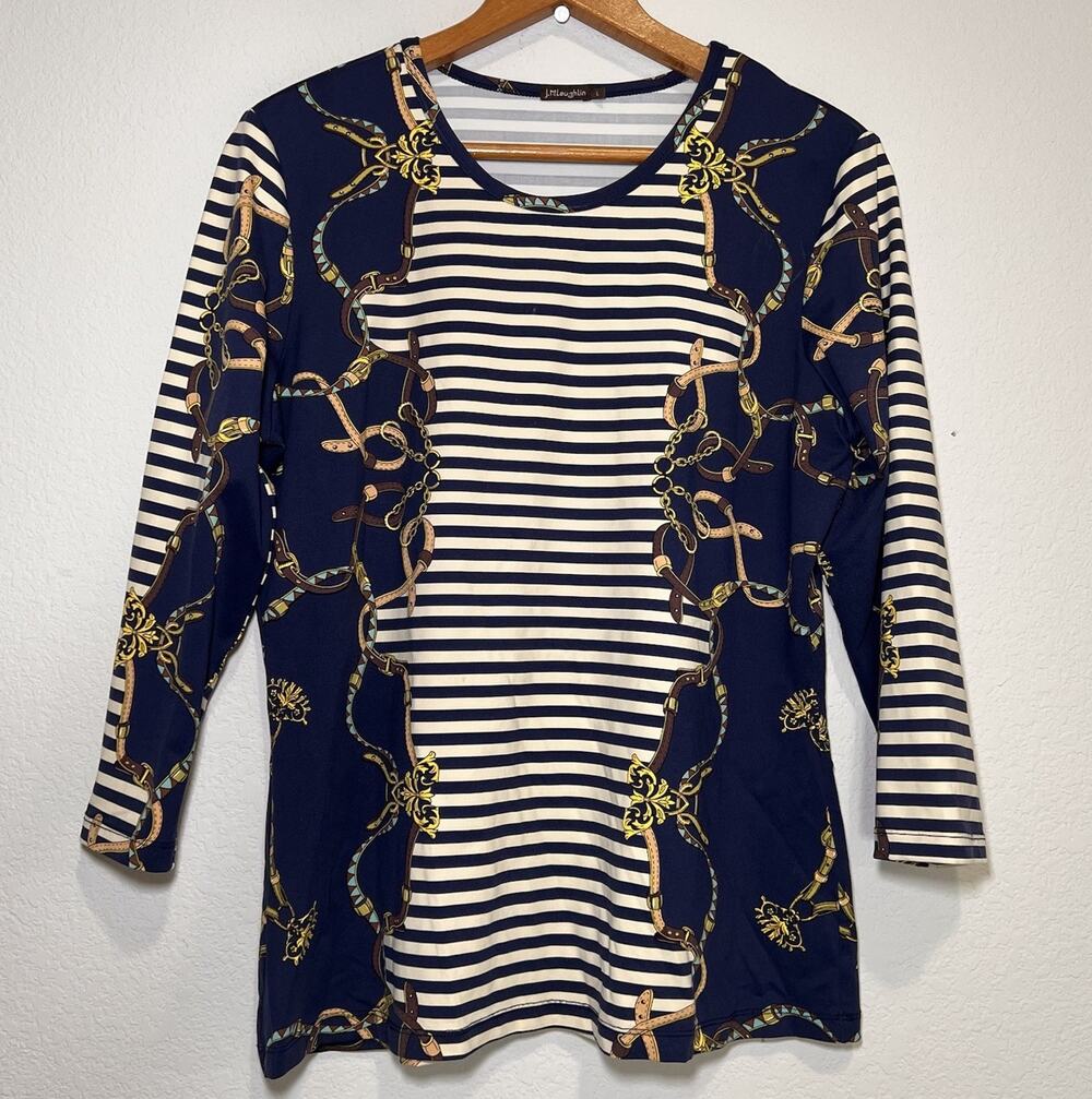 J McLaughlin Women’s Size L Navy Striped Equestrian Bridle Print Long Sleeve Top